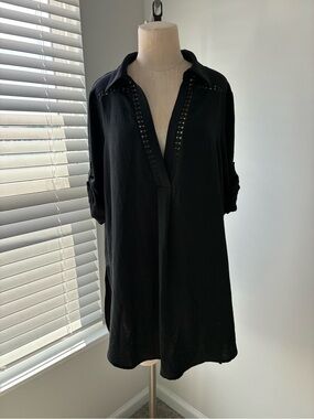BSUBSEACH Women's Black Eyelet Trim V-Neck Swimsuit Coverup Dress